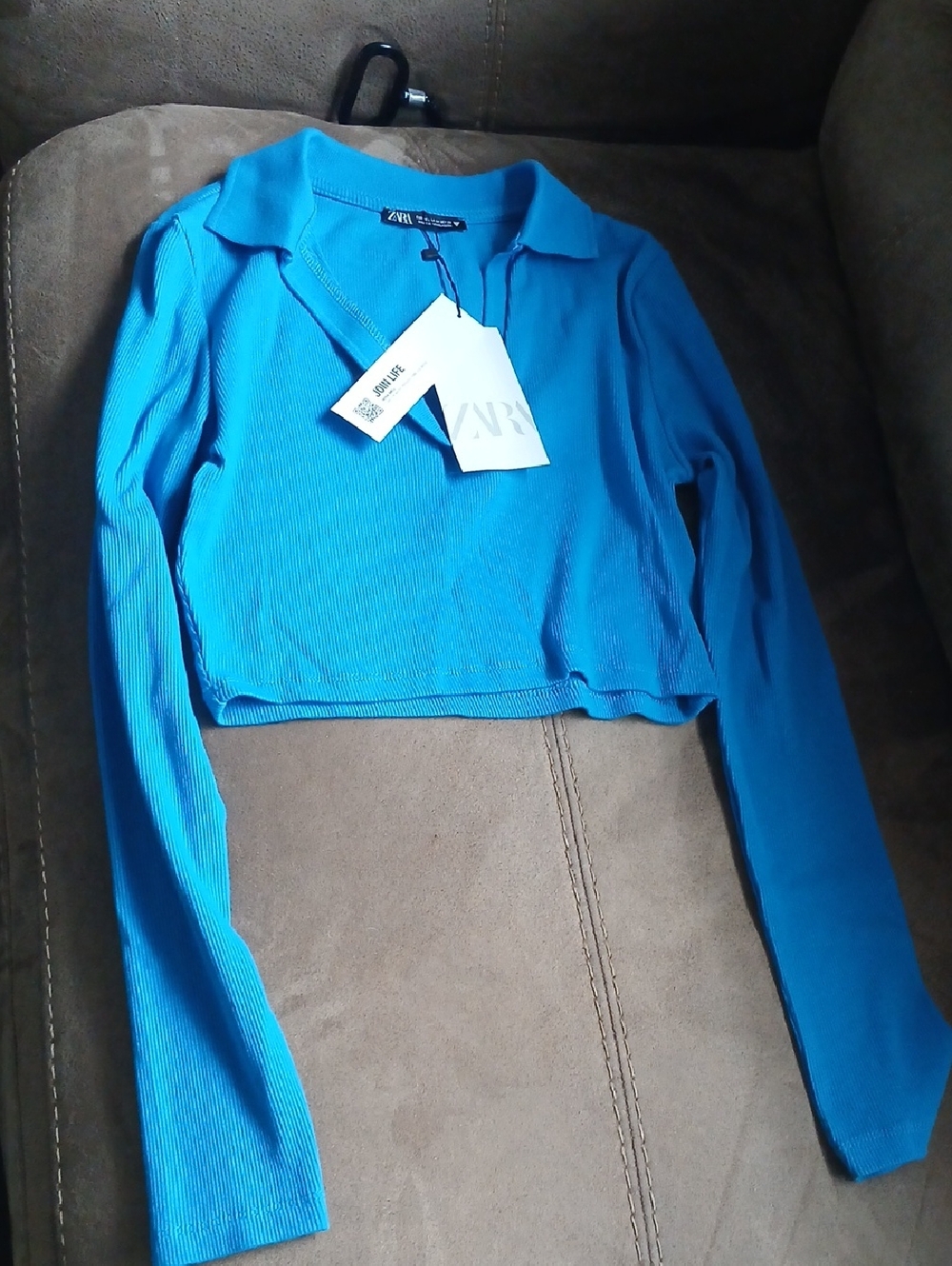 Zara Turquoise Ribbed Long-Sleeve Cropped Polo